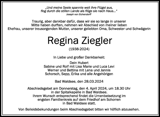 Traueranzeigen Von Regina Ziegler Schwaebische De Trauerportal