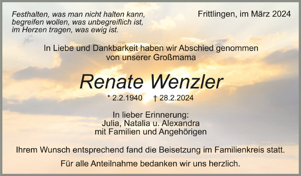 Traueranzeigen Von Renate Wenzler Schwaebische De Trauerportal