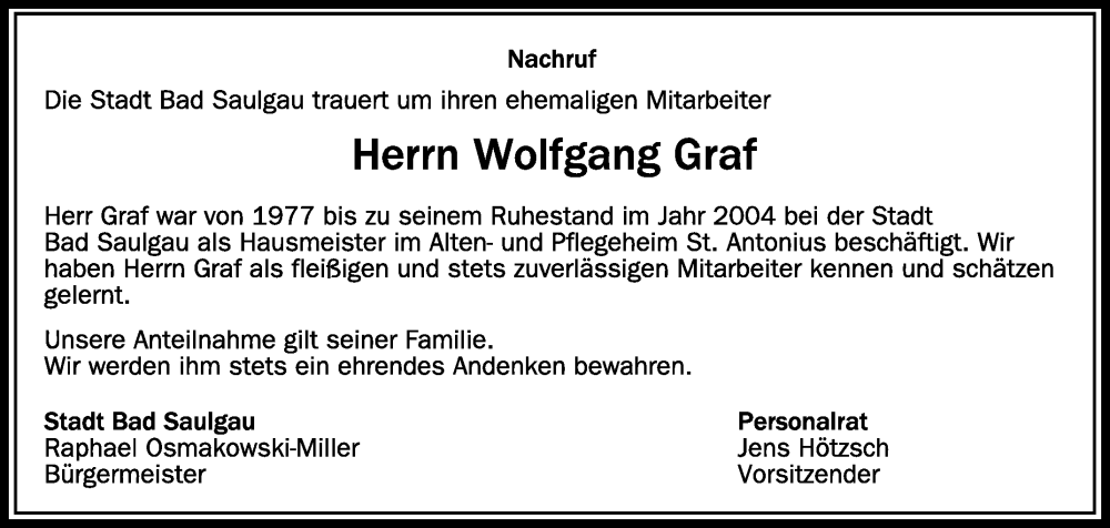 Traueranzeigen Von Wolfgang Graf Schwaebische De Trauerportal