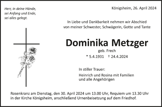 Anzeige von Dominika Metzger von Schwäbische Zeitung