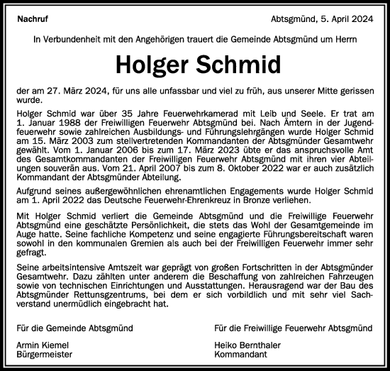 Traueranzeigen Von Holger Schmid Schwaebische De Trauerportal