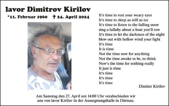 Anzeige von lavor Dimitrov Kirilov von Schwäbische Zeitung