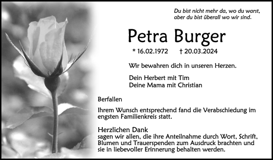 Traueranzeigen Von Petra Burger Schwaebische De Trauerportal