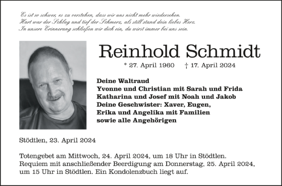 Traueranzeigen Von Reinhold Schmidt Schwaebische De Trauerportal