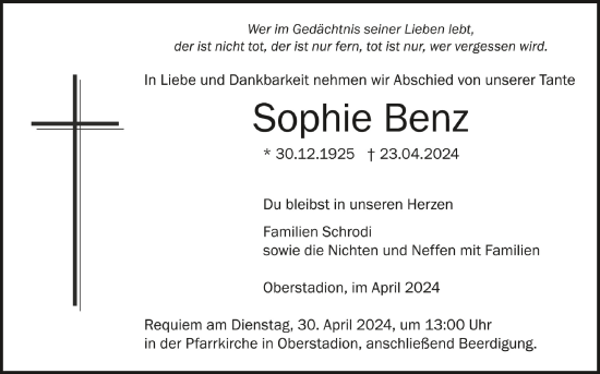 Anzeige von Sophie Benz von Schwäbische Zeitung