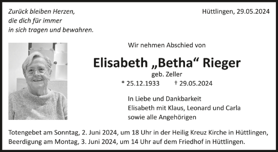 Traueranzeigen Von Elisabeth Rieger Schwaebische De Trauerportal