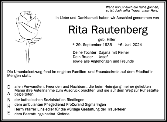 Traueranzeigen Von Rita Rautenberg Schwaebische De Trauerportal