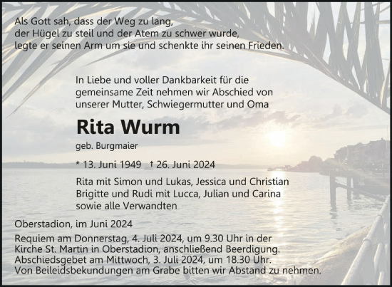 Traueranzeigen Von Rita Wurm Schwaebische De Trauerportal