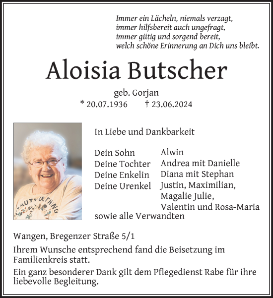 Traueranzeigen Von Aloisia Butscher Schwaebische De Trauerportal