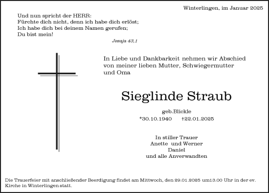 Traueranzeigen Von Sieglinde Straub Schwaebische De Trauerportal