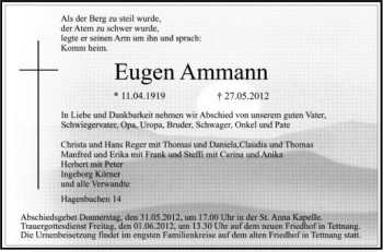 Anzeige von Eugen Amann von Schwäbische Zeitung