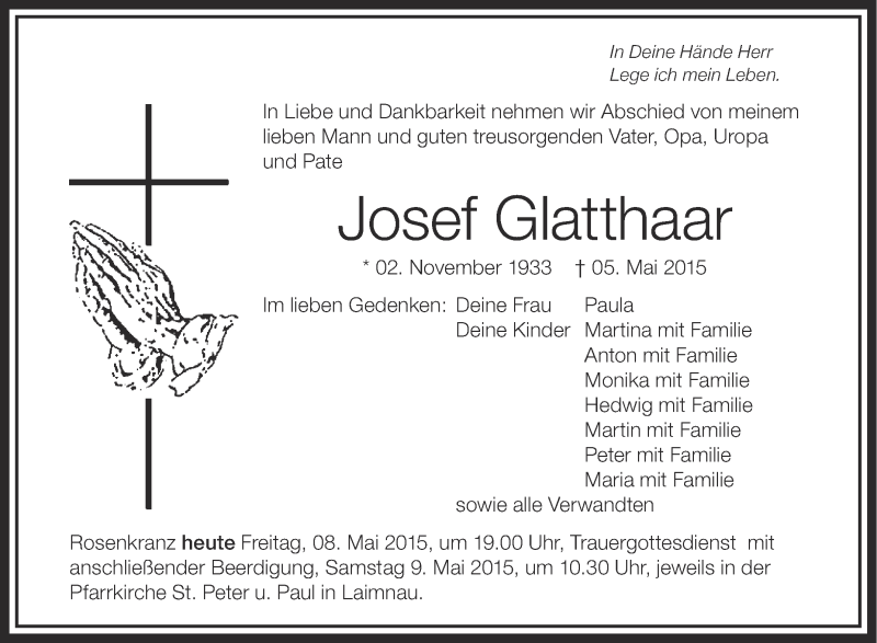  Traueranzeige für Josef Glatthaar vom 08.05.2015 aus Schwäbische Zeitung