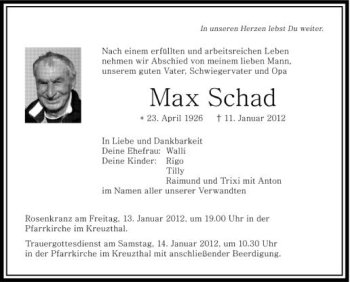Anzeige von Max Schad von Schwäbische Zeitung