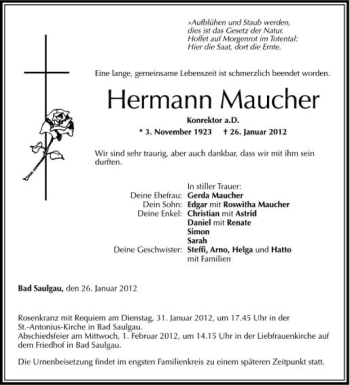 Anzeige von Hermann Maucher von Schwäbische Zeitung