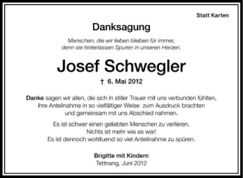 Anzeige von Josef Schwegler von Schwäbische Zeitung