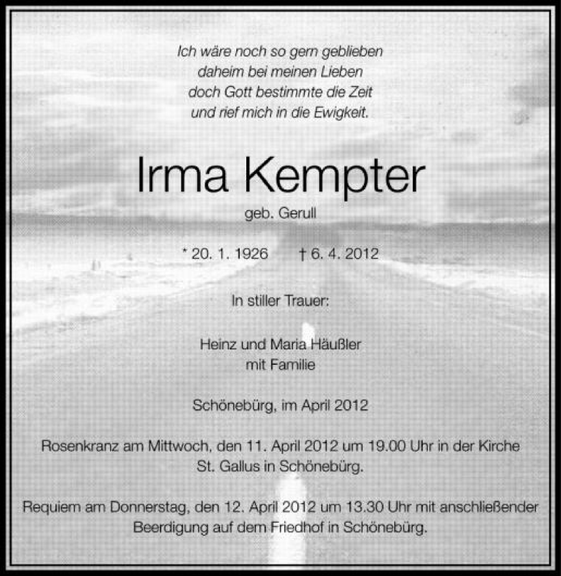  Traueranzeige für Irma Kempter vom 10.04.2012 aus Schwäbische Zeitung