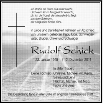 Anzeige von Rudolf Schick von Schwäbische Zeitung
