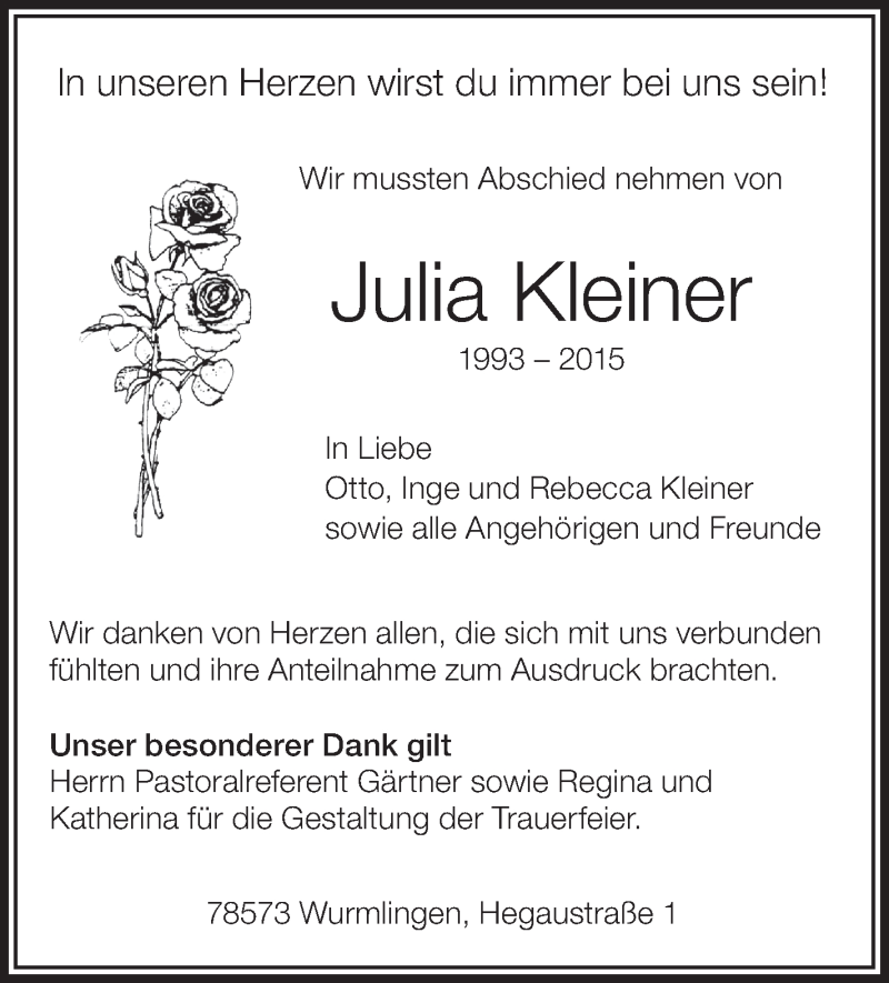  Traueranzeige für Julia Kleiner vom 09.01.2016 aus Schwäbische Zeitung