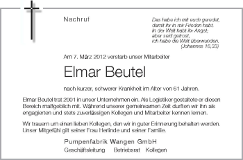 Anzeige von Elmar Beutel von Schwäbische Zeitung