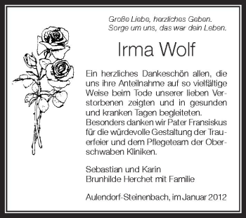 Anzeige von Irma Wolf von Schwäbische Zeitung