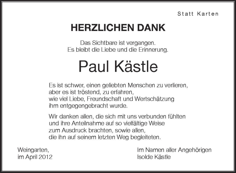  Traueranzeige für Paul Kästle vom 21.04.2012 aus Schwäbische Zeitung