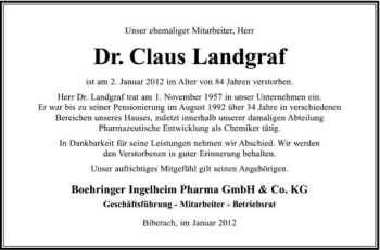 Anzeige von Claus Landgraf von Schwäbische Zeitung