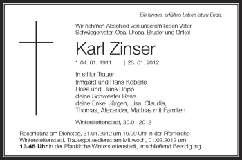 Anzeige von Karl Zinser von Schwäbische Zeitung