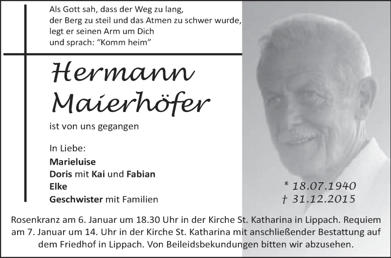  Traueranzeige für Hermann Maierhöfer vom 05.01.2016 aus Schwäbische Zeitung