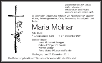 Anzeige von Maria Molnar von Schwäbische Zeitung