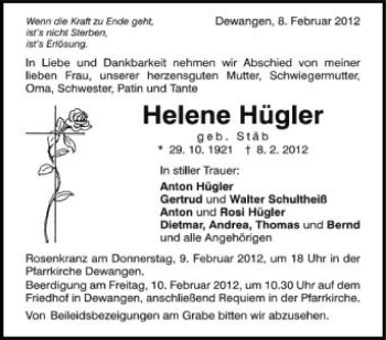 Anzeige von Helene Hügler von Schwäbische Zeitung