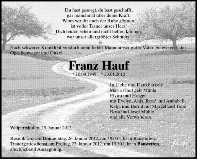  Traueranzeige für Franz Hauf vom 25.01.2012 aus Schwäbische Zeitung