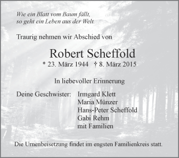 Anzeige von Robert Scheffold von Schwäbische Zeitung