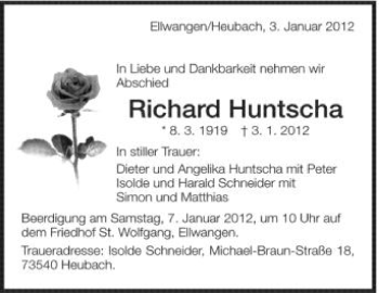 Anzeige von Richard Huntscha von Schwäbische Zeitung