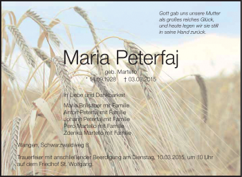 Anzeige von Maria Peterfaj von Schwäbische Zeitung