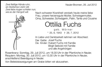 Anzeige von Ottilia Fuchs von Schwäbische Zeitung