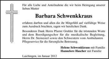 Anzeige von Barbara Schwenkkraus von Schwäbische Zeitung