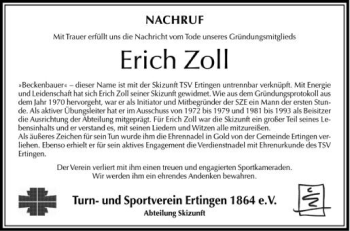 Anzeige von Erich Zoll von Schwäbische Zeitung