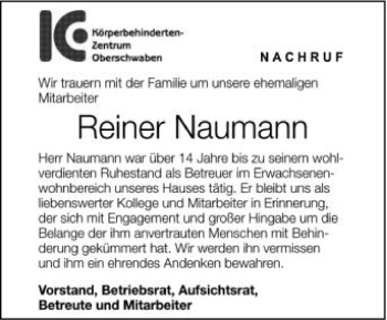 Anzeige von Reiner Naumann von Schwäbische Zeitung