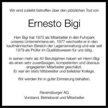 Anzeige von Ernesto Bigi von Schwäbische Zeitung