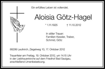 Anzeige von Aloisia Götz-Hagel von Schwäbische Zeitung