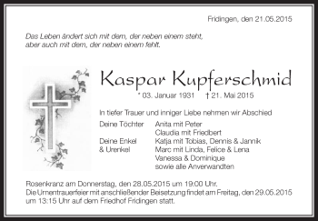 Anzeige von Kaspar Kupferschmid von Schwäbische Zeitung