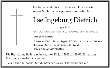 Anzeige von Ilse Ingeburg Dietrich von Schwäbische Zeitung