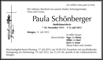 Anzeige von Paula Schönberger von Schwäbische Zeitung