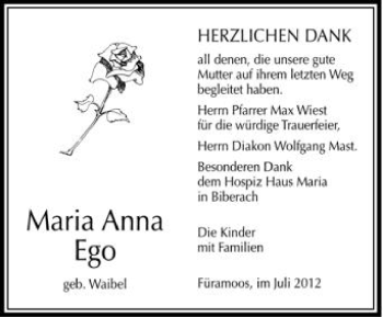 Anzeige von Maria Anna Ego von Schwäbische Zeitung