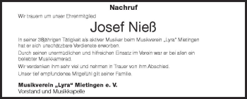 Anzeige von Josef Nieß von Schwäbische Zeitung