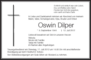 Anzeige von Oswin Dilper von Schwäbische Zeitung