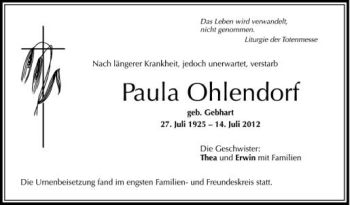 Anzeige von Paula Ohlendorf von Schwäbische Zeitung