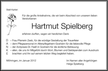 Anzeige von Hartmut Spielberg von Schwäbische Zeitung