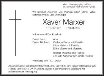Anzeige von Xaver Marxer von Schwäbische Zeitung