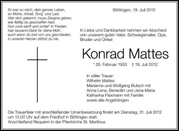 Anzeige von Konrad Mattes von Schwäbische Zeitung